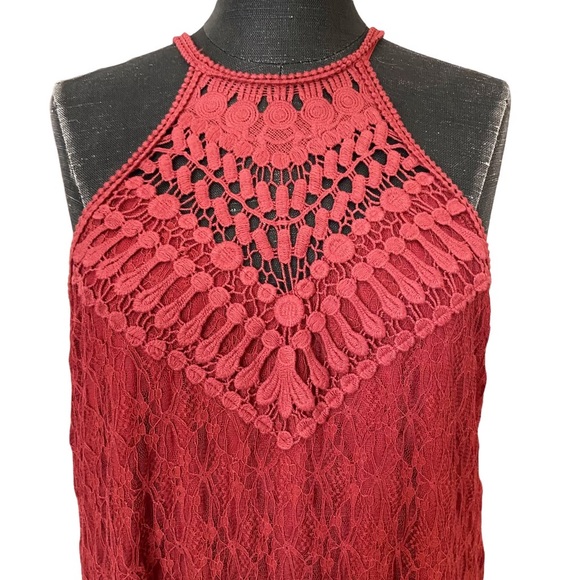 Free People Style Red Lace Halter Mini Dress Crochet Boho A Line Large - Picture 5 of 14